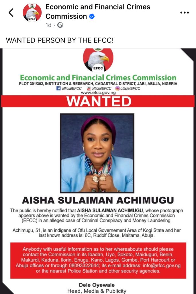 EFCC Facebook post declaring Aisha Achimugu wanted over alleged money laundering