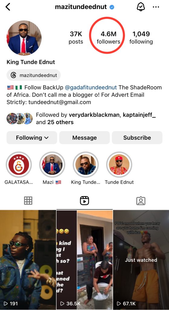 Tunde Ednut’s Instagram Page Which Was Restored After Suspension
