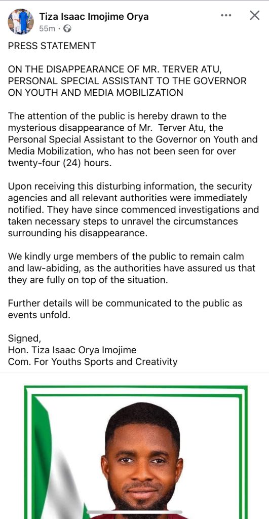 Benue Govt Confirms Disappearance of Governor’s Aide, Terver Atu